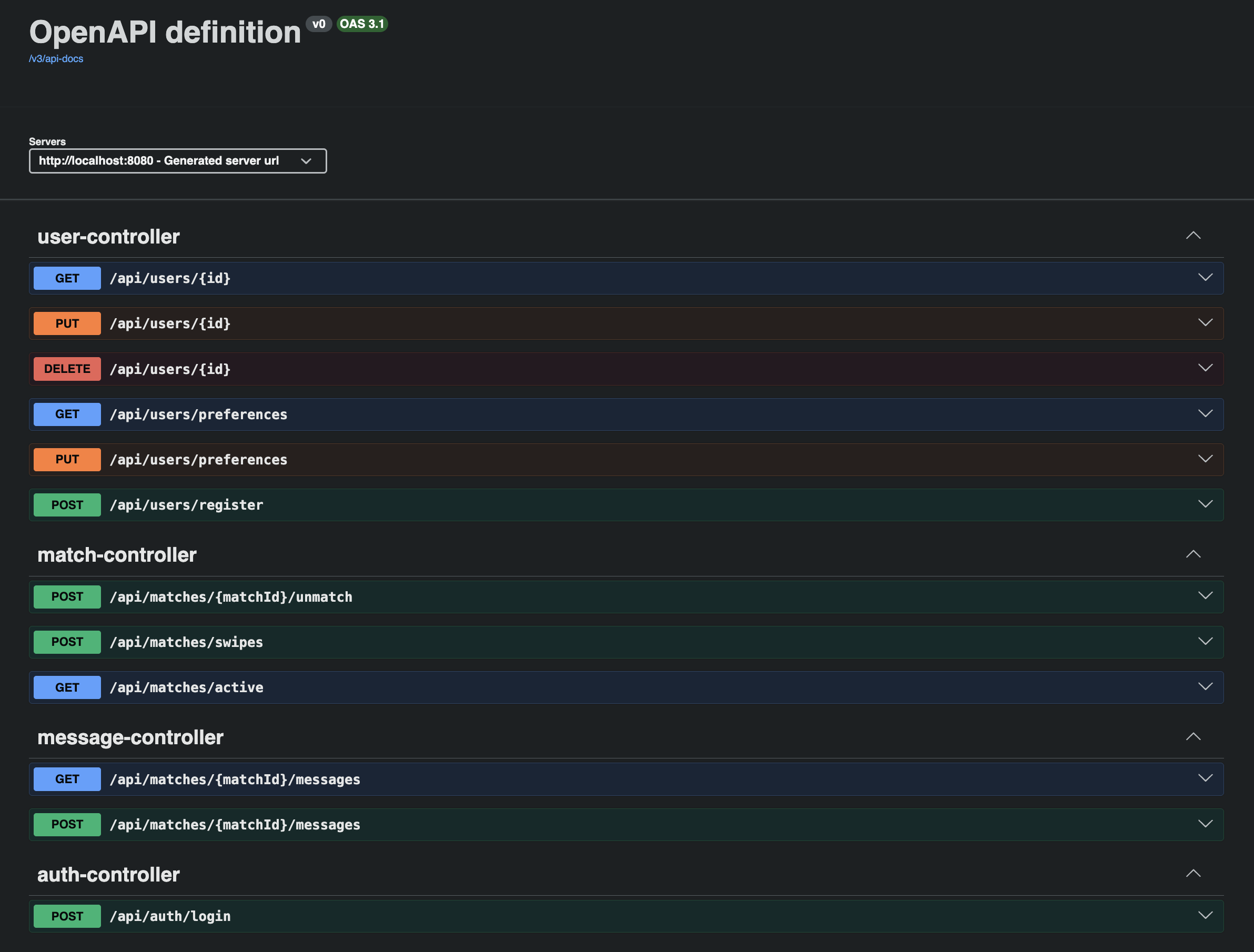 Swagger UI showing NiyyahMatch API endpoints - user-controller, match-controller, message-controller, and auth-controller